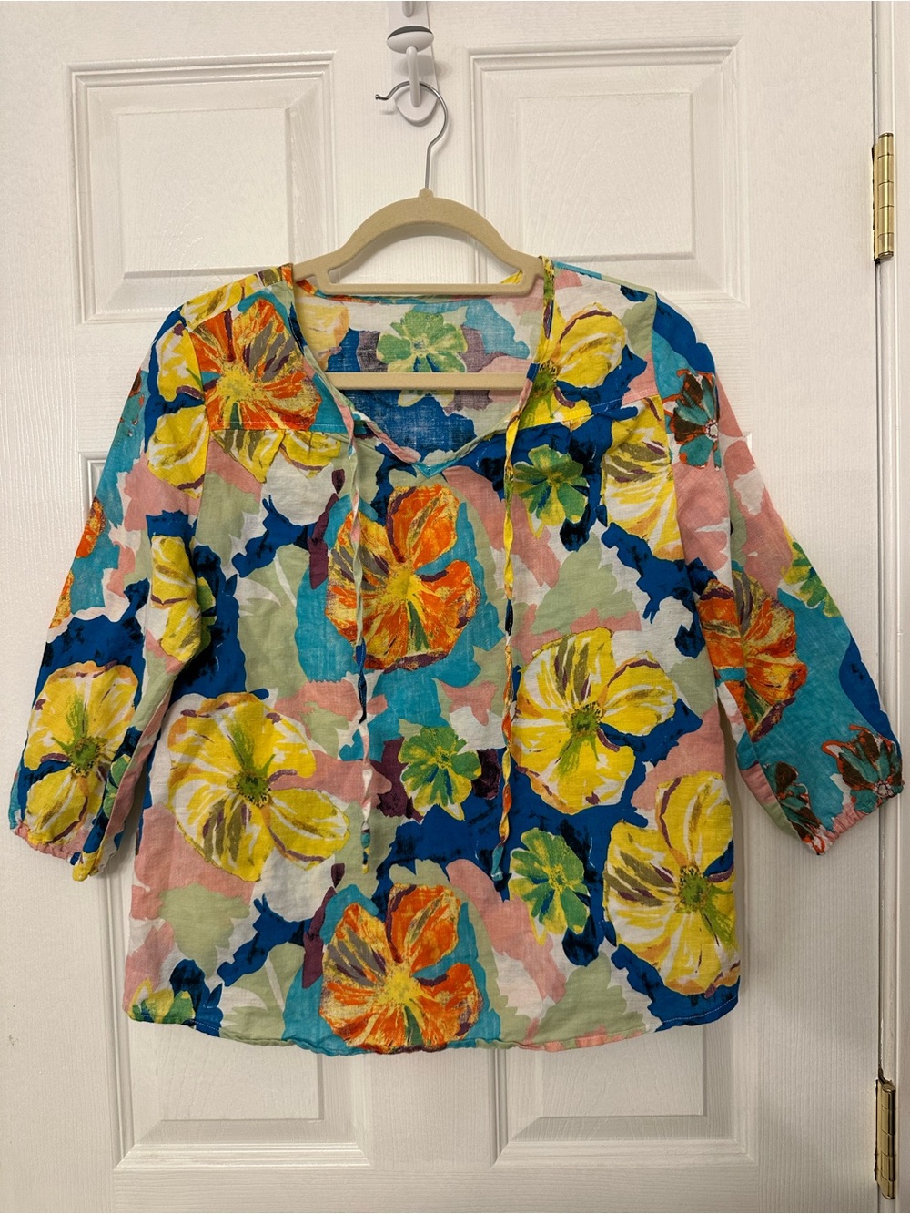 Linen Cotton Floral Print Blouse Tie Neck 3/4 Sleeve Top Blue Yellow Small